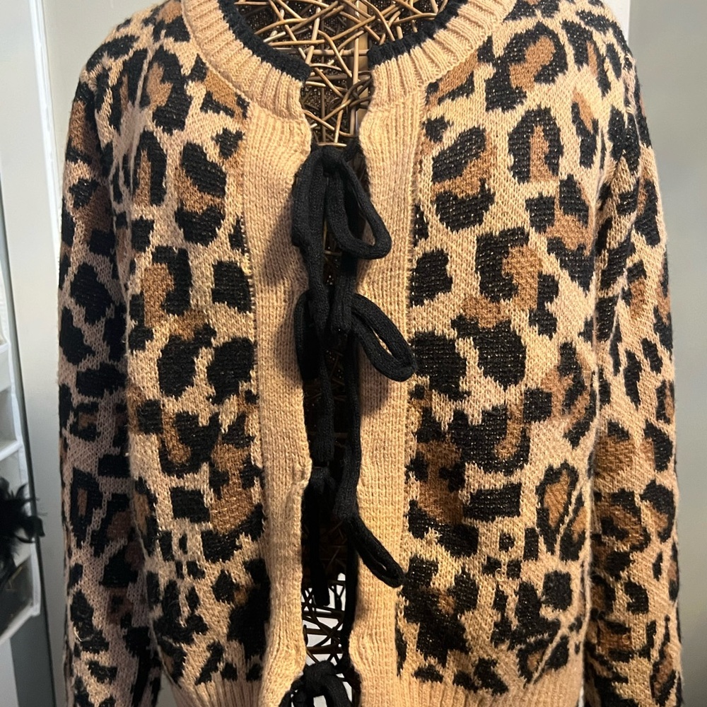 SHEIN Beige & Black Leopard Tie-Front Cardigan